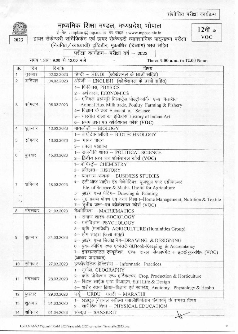 MP Board 12th Time Table 2024 Download MPBSE HSSC Schedule 2024 PDF